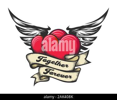 Tattoo of Two Winged Heats and Ribbon with Lettering Together Forever. Vector illustration. Stock Vector