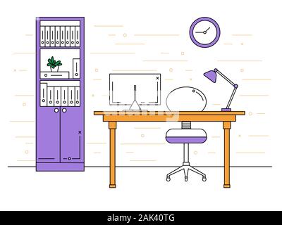 Office in a linear style. Workplace with a computer. Vector Stock Vector