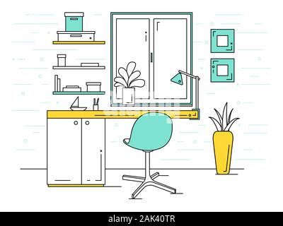 Office in a linear style. Workplace with a computer. Vector Stock Vector
