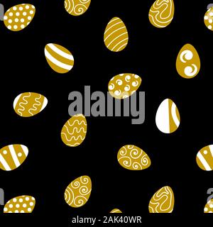 Seamless pattern with gold and white Easter eggs on black background. Flat vector illustration. Stock Vector