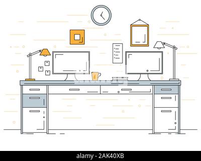 Office in a linear style. Workplace with a computer. Vector Stock Vector