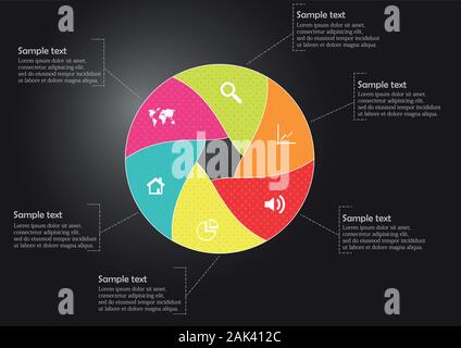 Vector infographic template with circle divided to six color parts to create hexagonal shape. All sections contain pattern and texture fill. Backgroun Stock Vector