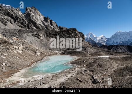 Frozen lake at the top of the Kongma La pass, liking the Chukung valley with the Everest, in the Himalaya in Nepal with Makalu peak in the background Stock Photo