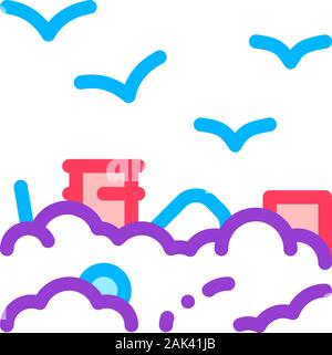 Building Smog And Birds Vector Thin Line Icon Stock Vector