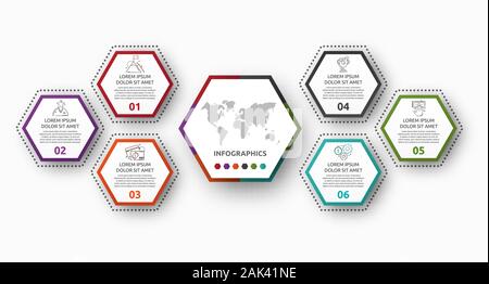 Vector infographic with main pentagon and 5 small pentagons. Used for five diagrams, graph, flowchart, timeline, marketing, presentation. Creative Stock Vector