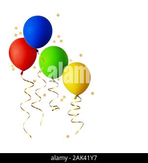Red, blue, green and yellow balloons with gold ribbons and star shape confetti isolated on white background Stock Photo