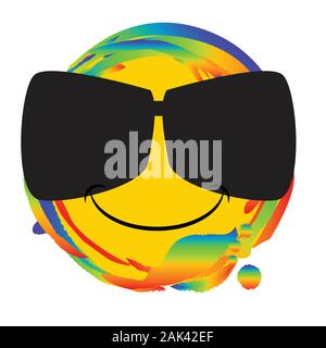 Emoji smiley face with a pair of sunglasses as a web button set on a rainbow Stock Vector