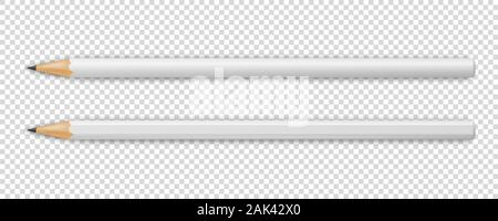 Vector 3d Realistic Sharpened White Wooden Pencil Icon Set Closeup Isolated on Transparent Background. Top View. Design Template, Mockup. Office Stock Vector