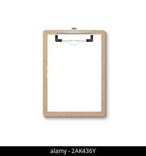 Vector 3d Realistic Brown Craft Clipboard with Blank Paper, Metal Clip Icon Closeup Isolated on White Background. Design Template for Notes, Mockup Stock Vector