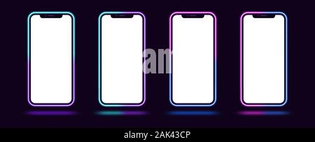 Phone mockup with gradient neon border. Modern set of phone templates with creative duotone neon frame. Mobile screen mock up, copy space for UI inter Stock Vector
