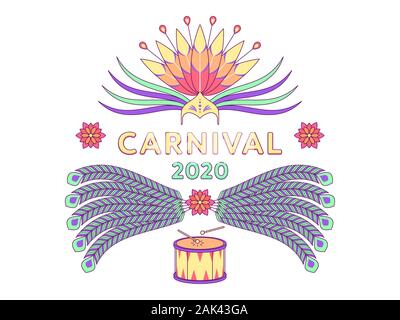 Holiday poster Carnival 2020. Vector illustration of festival and carnival in Brazil. Colorful festive composition with text, headwear, feathers, flow Stock Vector
