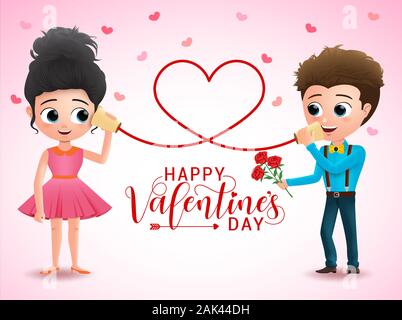 Valentines couple character vector design. Happy valentines day greeting  typography with couple cartoon characters calling in can telephone with hear. Stock Vector