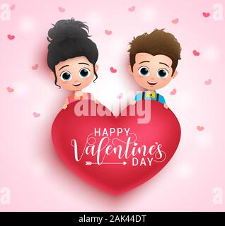 Valentine character vector banner design. Valentines couple characters holding heart shape element with happy valentines day greeting typography. Stock Vector