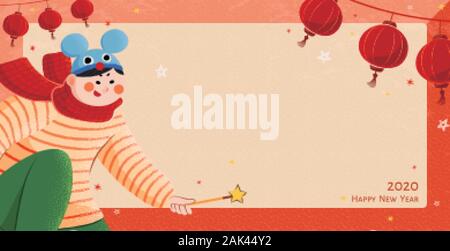 Cute hand drawn boy waving wizard wand on hanging lanterns background for new year Stock Vector