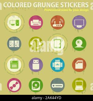 Computer equipment colored grunge icons Stock Vector