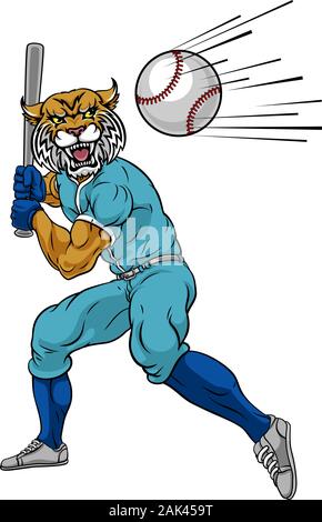 Wildcat Baseball Player Mascot Swinging Bat Stock Vector
