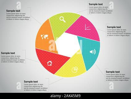 Vector infographic template with circle divided to six color parts to create hexagonal shape. All sections contain pattern and texture fill. Backgroun Stock Vector