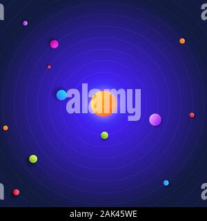 Galaxy, space, solar system with the sun and multi-colored abstract planets on a dark blue background stock vector illustration. Stock Vector