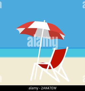 Deck chair and umbrella on the background of the sea and white sand on the beach. Stock Vector