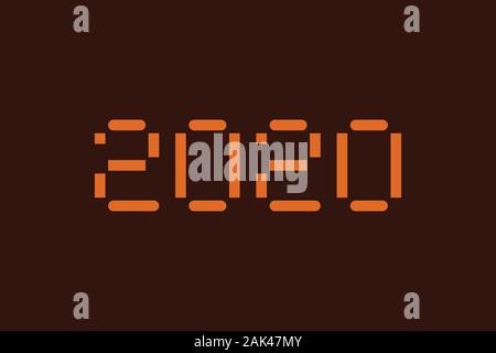 Orange digital symbol on dark brown background. Happy new year 2020 text design. Card. Vector illustration of computer typography for print. Stock Vector
