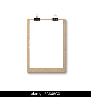 Vector 3d Realistic Brown Craft Clipboard with Blank Paper, Metal Clip Icon Closeup Isolated on White Background. Design Template for Notes, Mockup Stock Vector