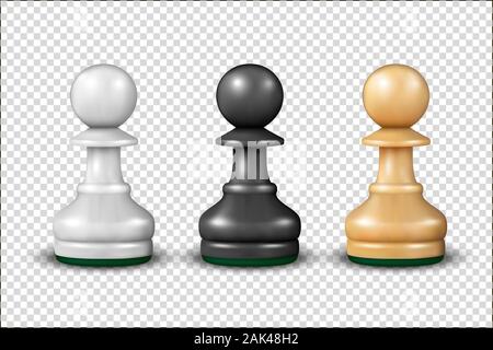 Vector 3d Realistic White, Black and Wooden Pawn Icon Set Isolated on Transparent Background. Design Template. Game Concept. Chess, Chessmen. Stock Stock Vector