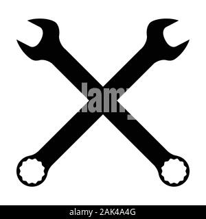 Two crossed mechanics open ended and ring spanner combination in silhouette on a white background Stock Vector