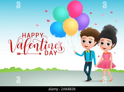Valentines couple dating character vector background design. Valentine lovers character holding hands and walking in park holding colorful balloons. Stock Vector