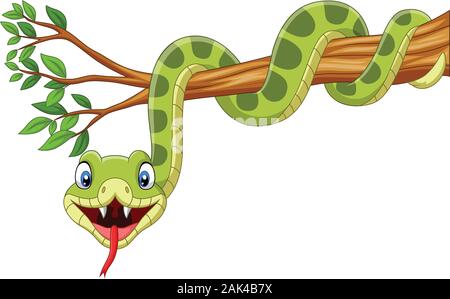 Cartoon green snake on tree branch Stock Vector