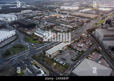 Sheffield, UK - 16th December 2019: Aerial view Sheffield showing the arena, cineworld, forgemasters, smyths and other commercial buildings Stock Photo