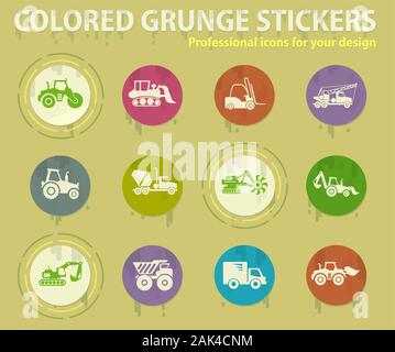 Construction machines colored grunge icons Stock Vector