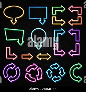 Set of color glowing neon arrows isolated on black brick wall background. Shining and glowing neon effect. Arrow direction symbol from wires, tubes, b Stock Vector