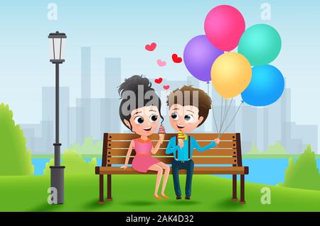 Valentine character dating vector background design. Valentines couple characters sitting and eating ice cream with colorful balloons in park. Stock Vector