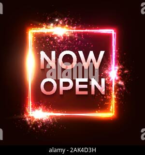 Now Open sign. Color star square night light banner on dark red background. Neon letters in rectangle glowing frame. Store or bar door bright signage Stock Vector