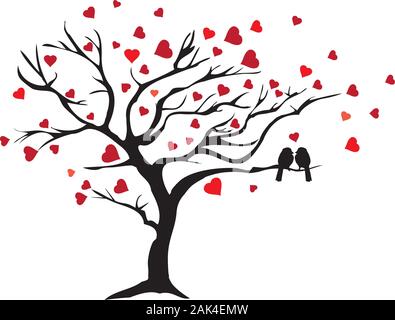 vector illustration of a love tree with red hearts and love birds. Stock Vector