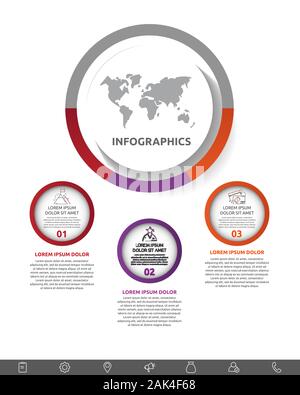 Vector infographic with main circle and 3 small circles. Circles with icons for three diagrams, graph, flowchart, timeline, workflow, web. Creative Stock Vector