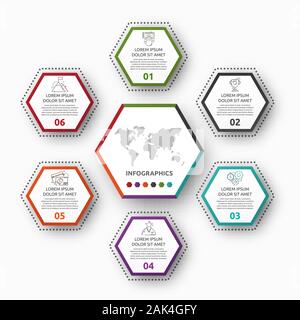 Vector infographic with main pentagon and 5 small pentagons. Used for five diagrams, graph, flowchart, timeline, marketing, presentation. Creative Stock Vector
