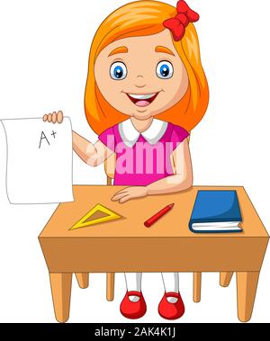 Cartoon little girl holding paper with A plus grade Stock Vector