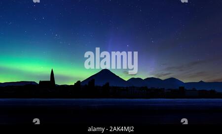 Aurora Borealis, Hallgrimskirkja Church and Mt. Keilir, Reykjavik, Iceland Stock Photo