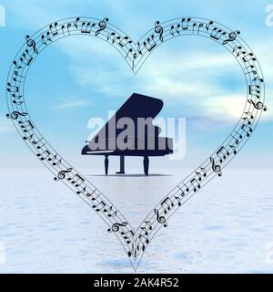 Black gran piano in a heart full of music notes - 3D render Stock Photo