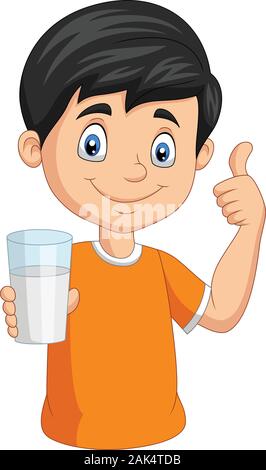 Cartoon little boy with a glass of milk giving thumb up Stock Vector