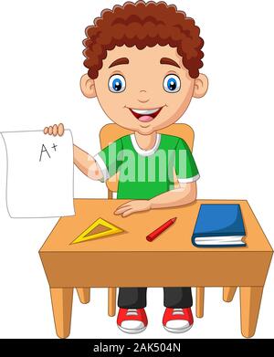 Cartoon little boy holding paper with A plus grade Stock Vector