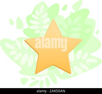 Gold star icon on greenery backdrop. Positive review, Online satisfaction, Evaluation system icon. Premium quality. 5 star rate golden icon. Stock Vector