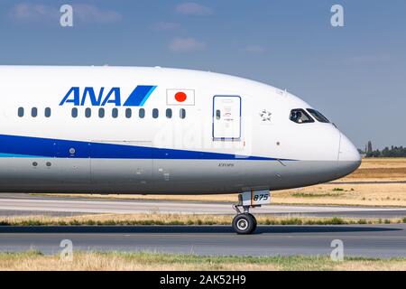 Paris, France - August 16, 2018: All Nippon Airways Boeing 787 Dreamliner airplane at Paris Charles de Gaulle airport (CDG) in France. Boeing is an ai Stock Photo