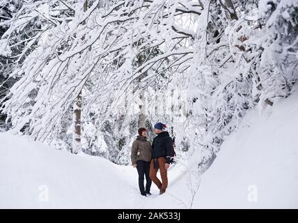 Smiling couple standing in a snowy forest while out hiking Stock Photo