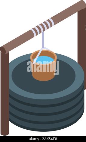Well and bucket of water icon, isometric style Stock Vector
