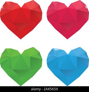 Set of colorful crystallized hearts on white background. Stock Vector