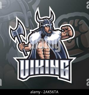 Viking mascot gaming logo design holding axe Stock Vector