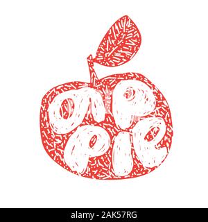 Red Apple silhouette. Fresh fruit Typography Vector Illustration, Handdrawn lettering. Hand drawn font on Healthy fruity harvest apple silhouette with Stock Vector