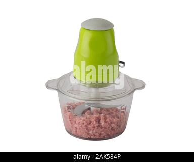 food processor with chopped pork inside isolated on white background Stock Photo
